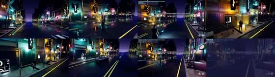 Hoja de contacto del benchmark de neon-district-sandbox con las ocho capturas que genera el ejecutable.