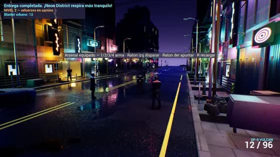 Persecución policial en neon-district-sandbox con el nivel de búsqueda en el HUD y dos agentes convergiendo sobre el jugador.