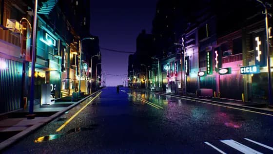 Avenida de neon-district-sandbox de noche: asfalto mojado reflejando los rótulos y las fachadas iluminadas de punta a punta.