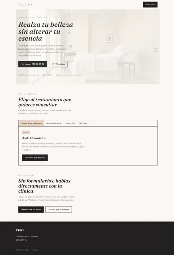 Maqueta de propuesta para una clínica de medicina estética: portada minimalista en beige con titular en serif y llamada telefónica destacada.