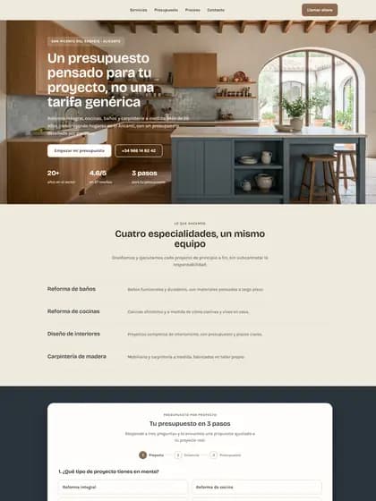Maqueta de propuesta para un estudio de interiorismo: portada con foto de cocina rústica de madera y titular sobre presupuestos a medida.