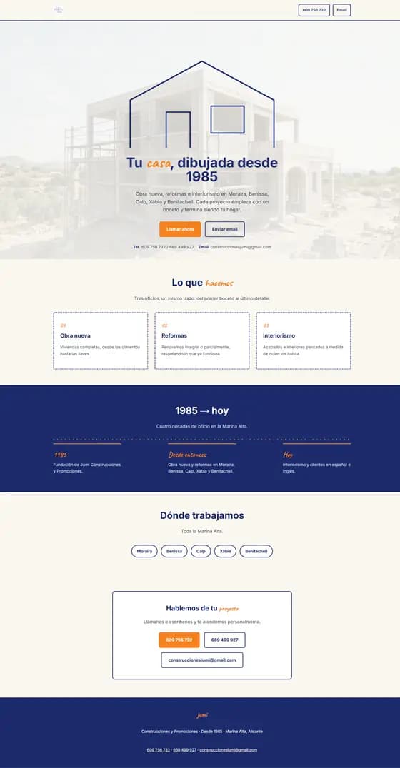 Segunda dirección para la misma constructora: portada clara con una casa dibujada a modo de plano azul sobre fondo cielo.