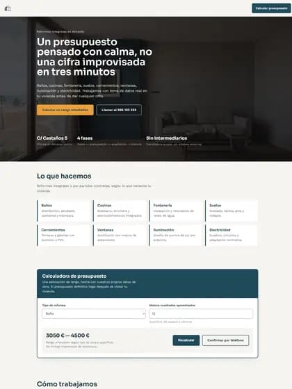 Maqueta de propuesta para una empresa de reformas integrales: portada oscura con salón reformado y titular sobre presupuestos sin improvisar.