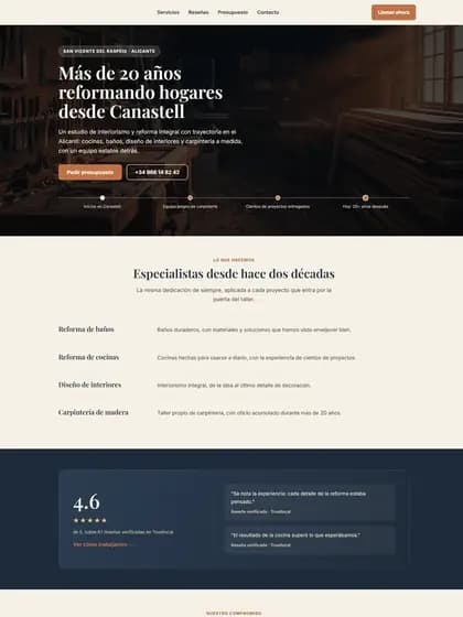 Segunda dirección para el mismo estudio de interiorismo: portada oscura con taller de carpintería y titular sobre veinte años reformando hogares.