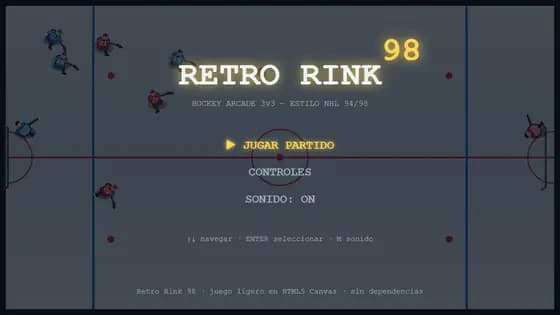 Menú principal de retro-rink-98, con la selección de equipos sobre fondo de pista de hockey.