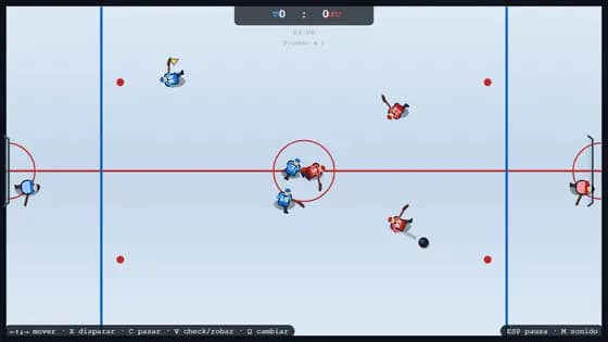 Partida en curso de retro-rink-98 con seis jugadores sobre el hielo y el marcador arriba.
