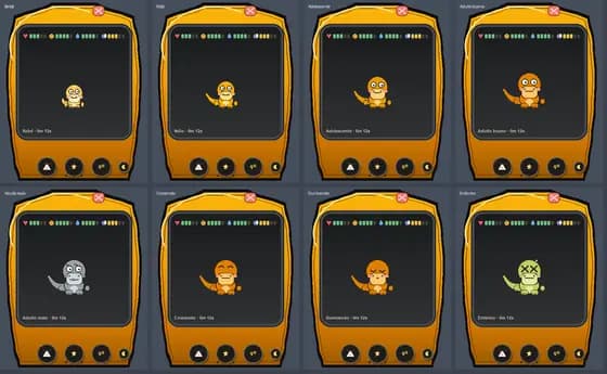 Lámina con las fases de evolución de la mascota de tamagotchi-desktop, de huevo a adulto.